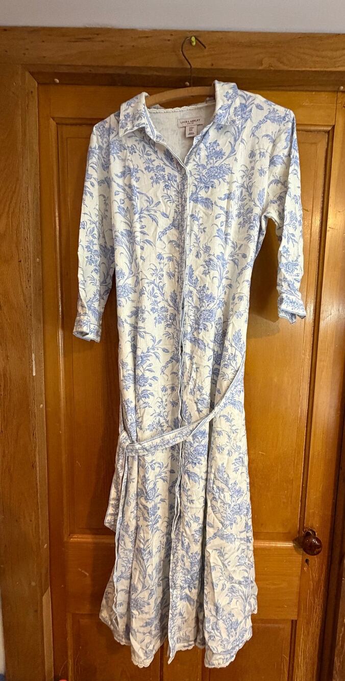 Laura Ashley Linen Blend Shirt Dress M Midi Blue Toile Floral Pockets